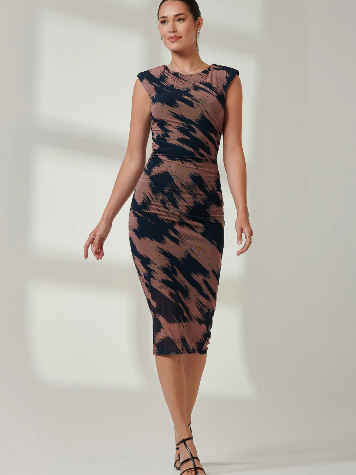 Jolie Moi Occasion Dresses|Sleeveless Dresses-Mesh Shoulder Pad Bodycon Midi Dress, Brown Abstract