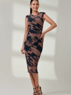 Jolie Moi Occasion Dresses|Sleeveless Dresses-Mesh Shoulder Pad Bodycon Midi Dress, Brown Abstract