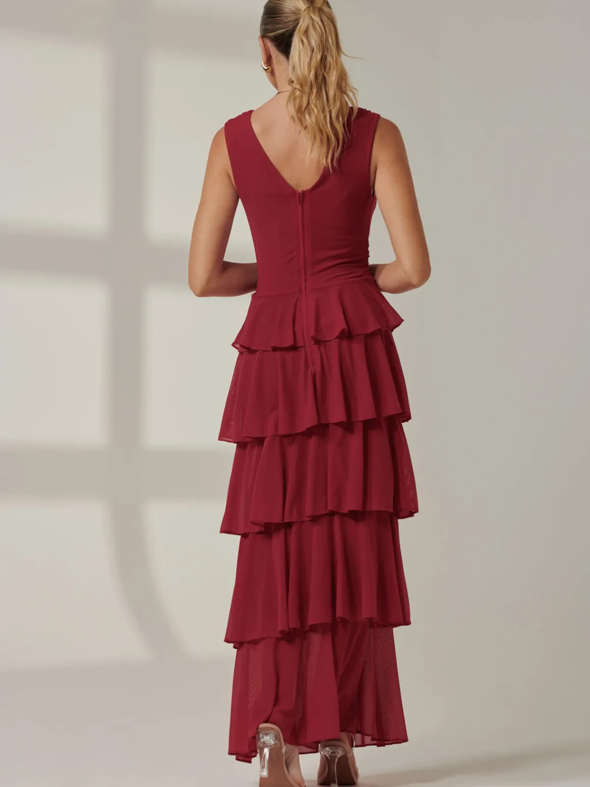 Jolie Moi Occasion Dresses|Wrap Dresses-Mesh Sleeveless Tiered Maxi Dress, Burgundy