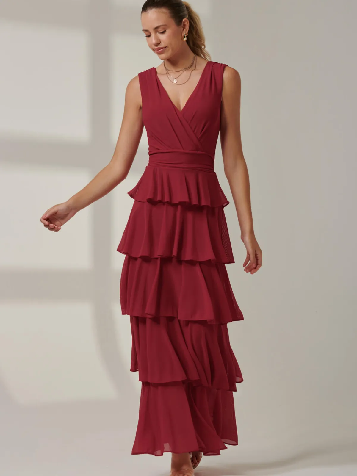Jolie Moi Occasion Dresses|Wrap Dresses-Mesh Sleeveless Tiered Maxi Dress, Burgundy