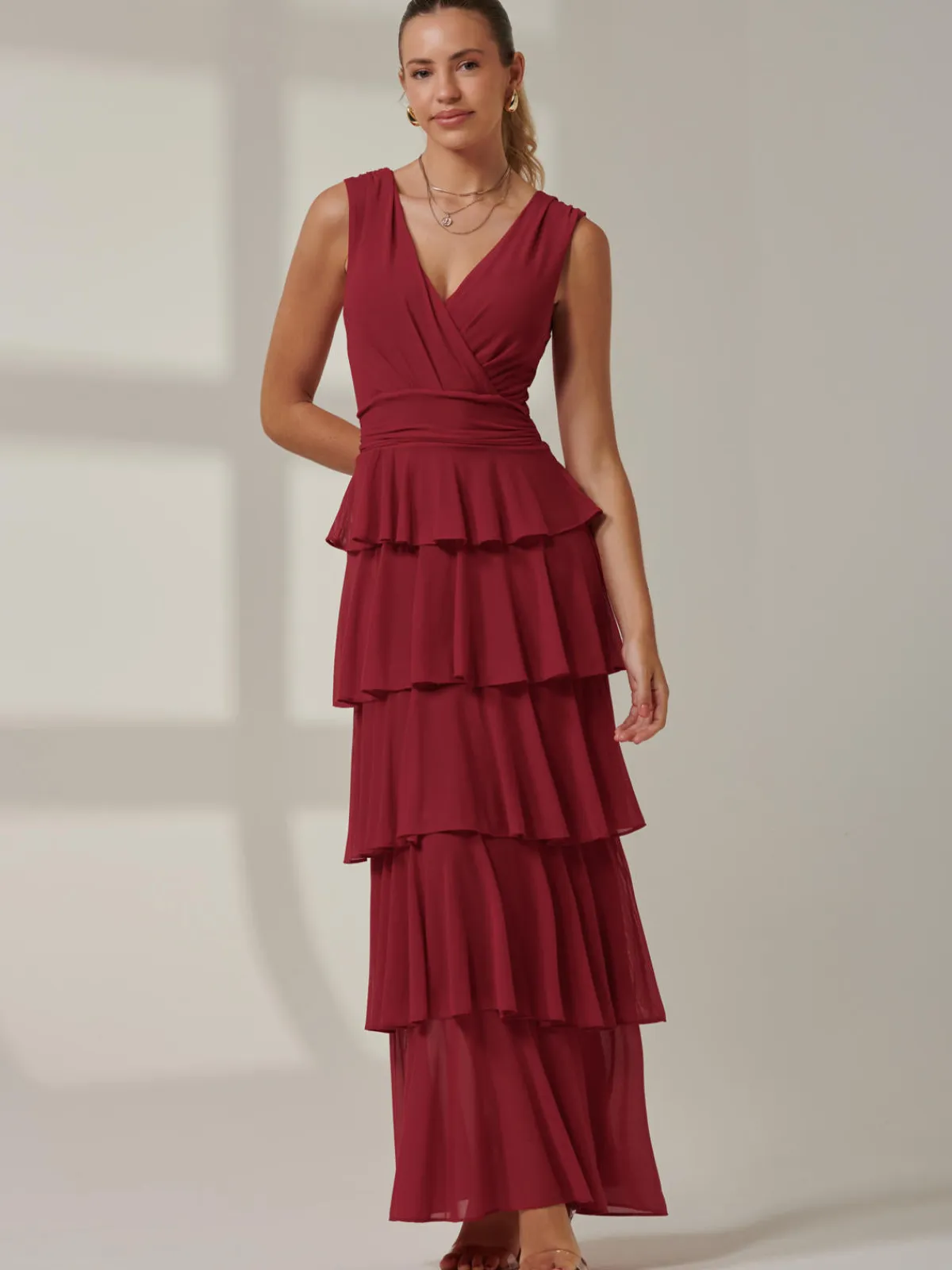 Jolie Moi Occasion Dresses|Wrap Dresses-Mesh Sleeveless Tiered Maxi Dress, Burgundy