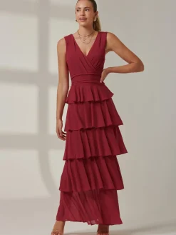 Jolie Moi Occasion Dresses|Wrap Dresses-Mesh Sleeveless Tiered Maxi Dress, Burgundy