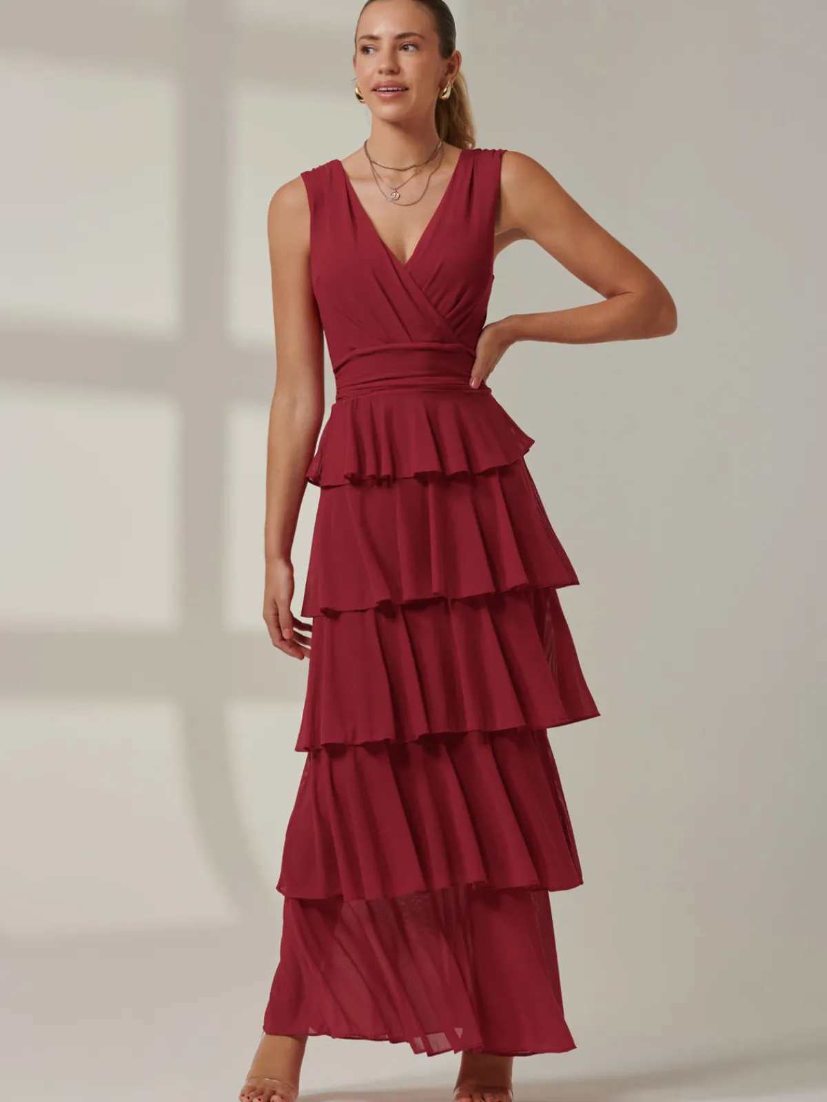 Jolie Moi Occasion Dresses|Wrap Dresses-Mesh Sleeveless Tiered Maxi Dress, Burgundy