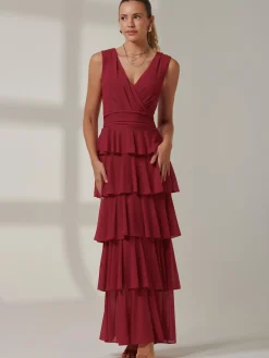Jolie Moi Occasion Dresses|Wrap Dresses-Mesh Sleeveless Tiered Maxi Dress, Burgundy