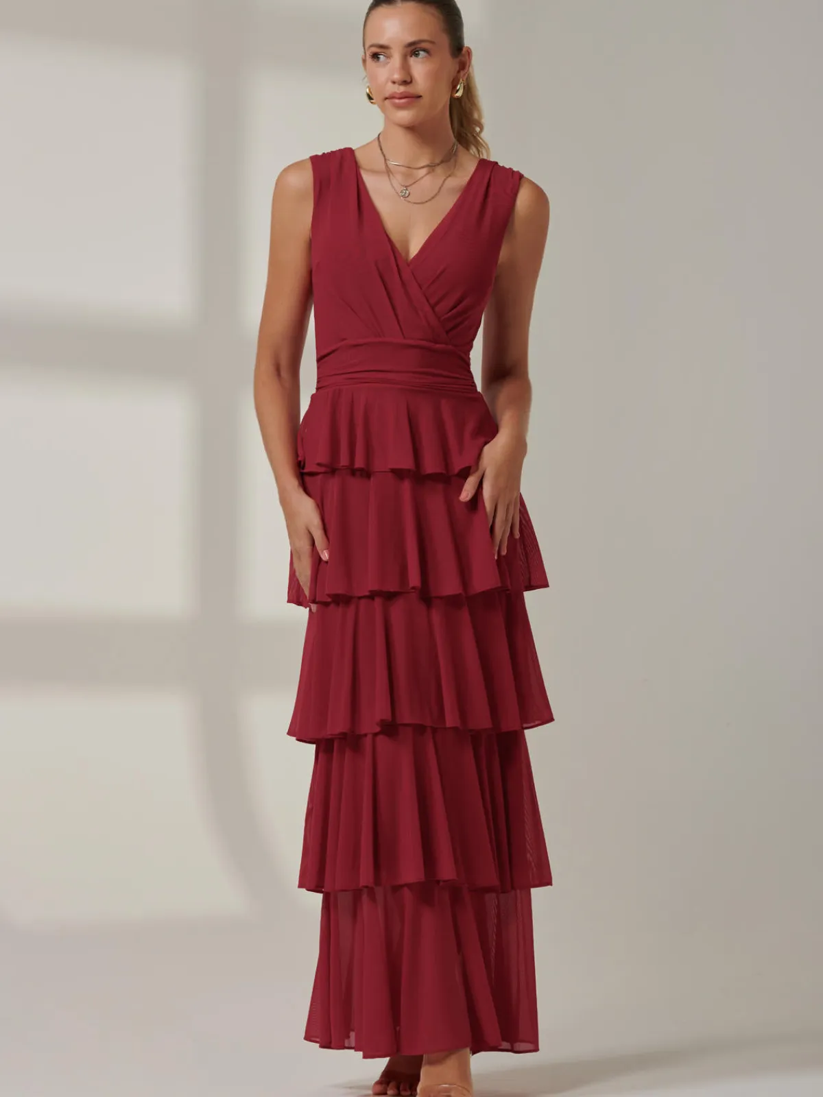 Jolie Moi Occasion Dresses|Wrap Dresses-Mesh Sleeveless Tiered Maxi Dress, Burgundy