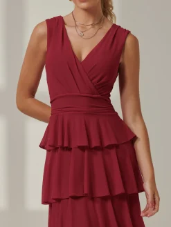 Jolie Moi Occasion Dresses|Wrap Dresses-Mesh Sleeveless Tiered Maxi Dress, Burgundy