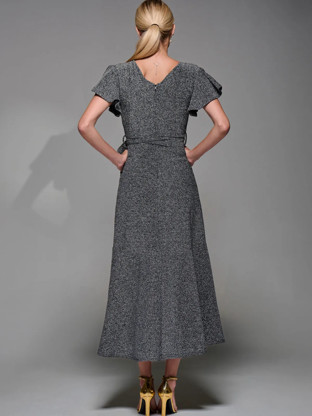 Jolie Moi Occasion Dresses|Party Dresses- Metalic Angel Sleeve Wrap Maxi Dress Black Silver