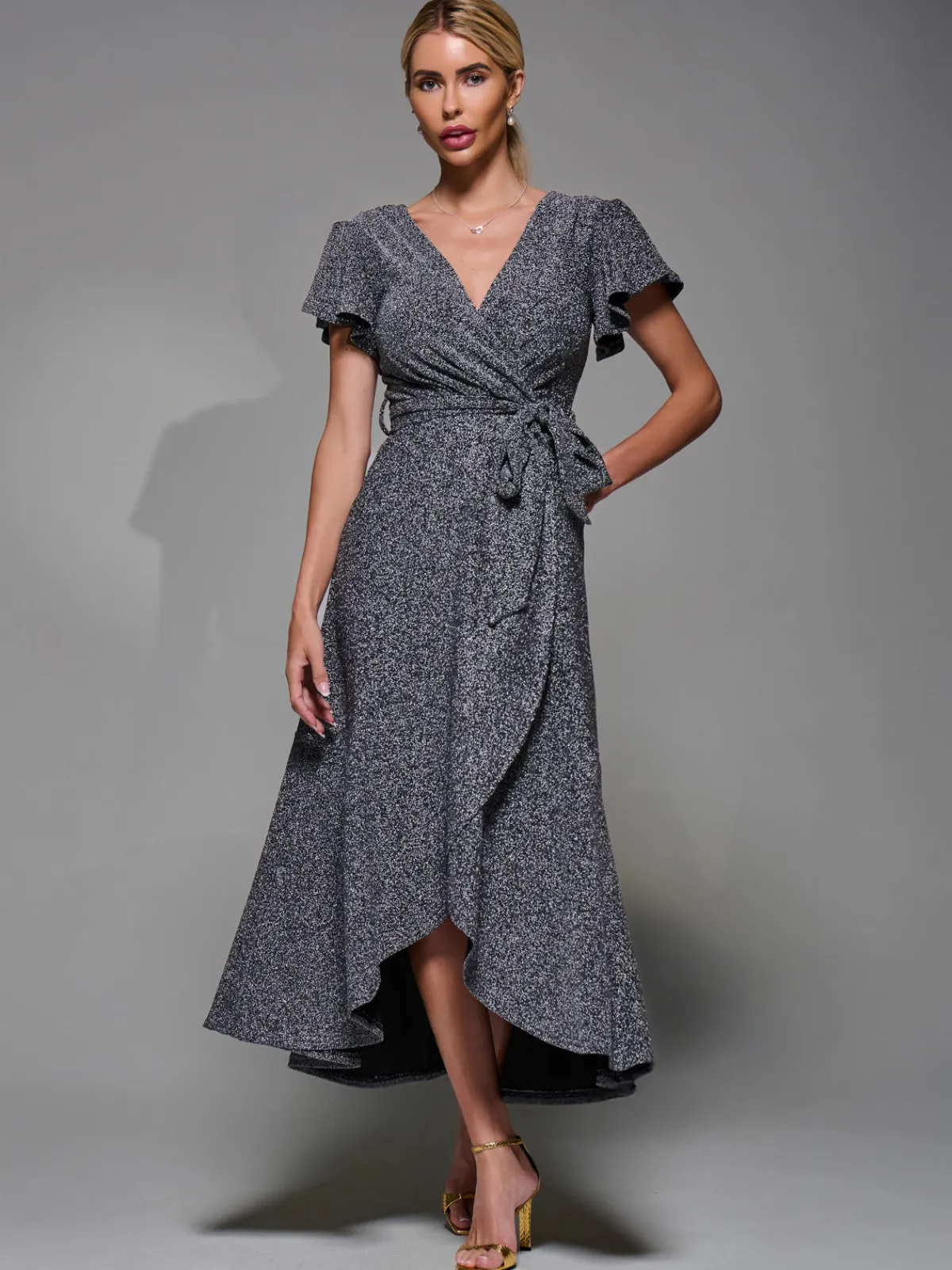 Jolie Moi Occasion Dresses|Party Dresses- Metalic Angel Sleeve Wrap Maxi Dress Black Silver