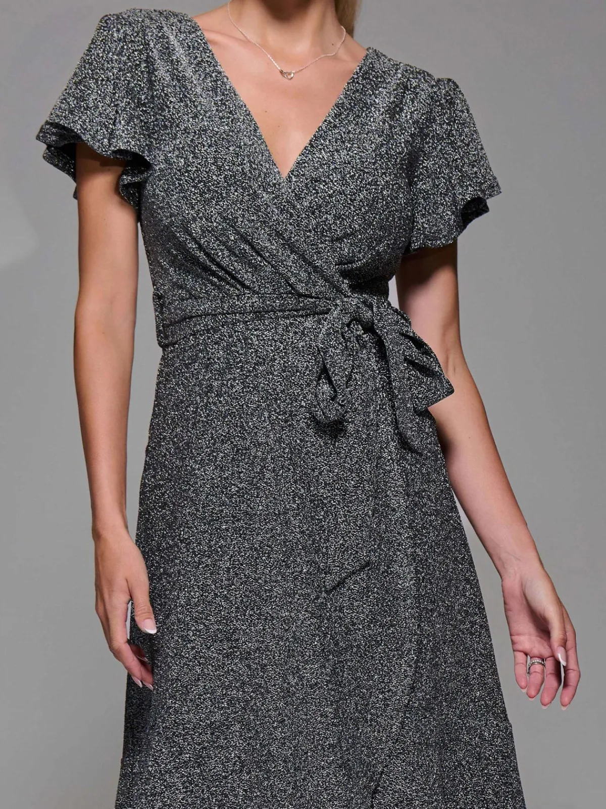 Jolie Moi Occasion Dresses|Party Dresses- Metalic Angel Sleeve Wrap Maxi Dress Black Silver