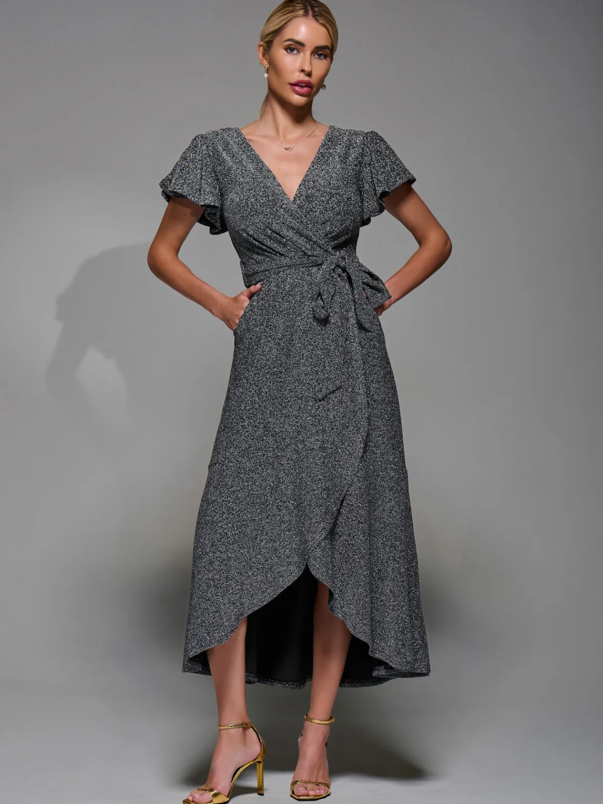 Jolie Moi Occasion Dresses|Party Dresses- Metalic Angel Sleeve Wrap Maxi Dress Black Silver