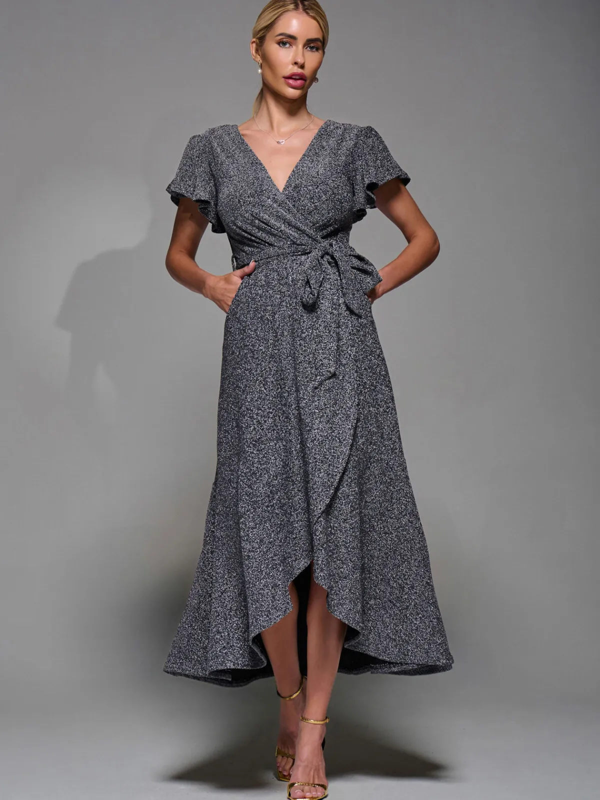 Jolie Moi Occasion Dresses|Party Dresses- Metalic Angel Sleeve Wrap Maxi Dress Black Silver