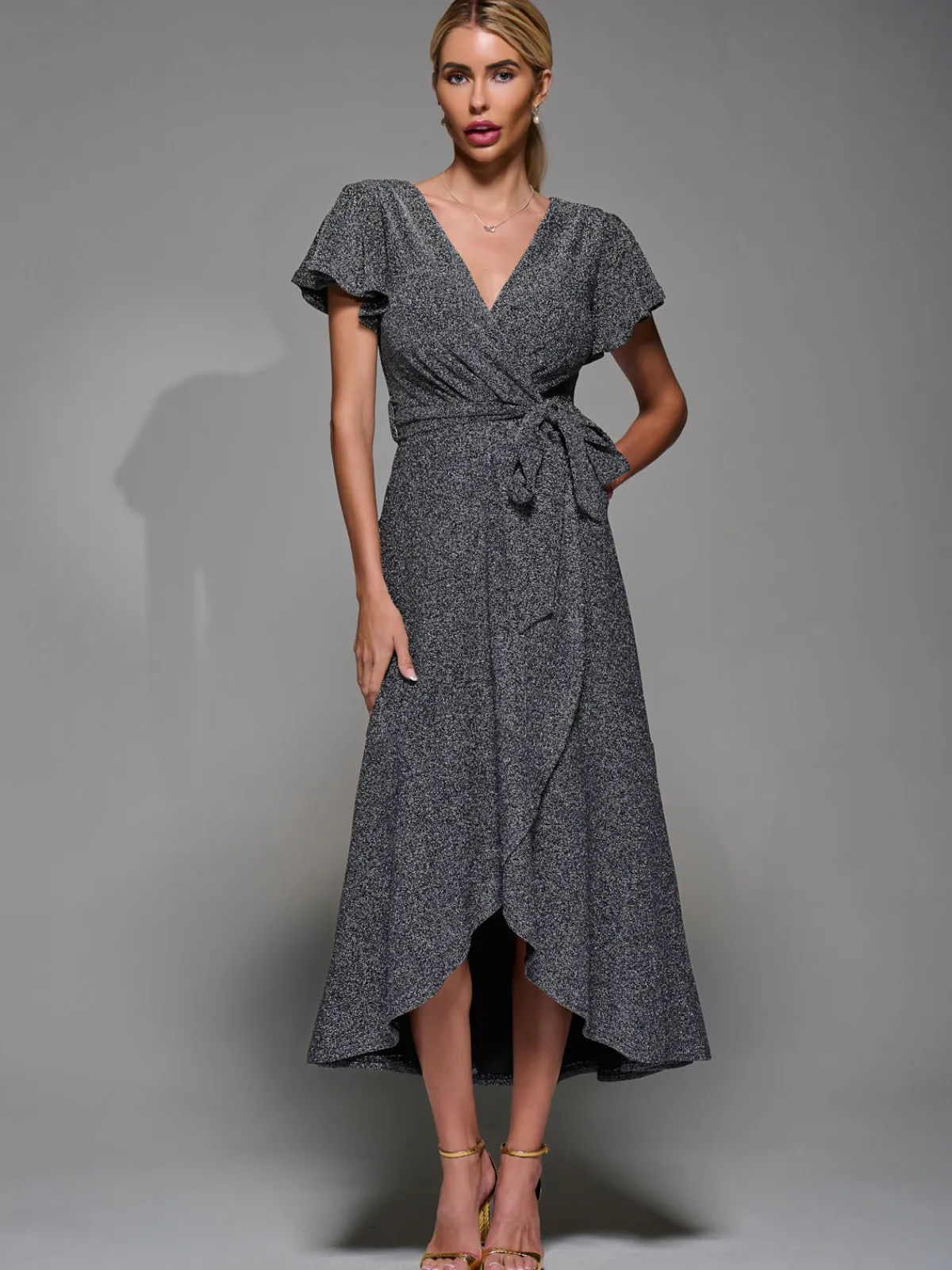 Jolie Moi Occasion Dresses|Party Dresses- Metalic Angel Sleeve Wrap Maxi Dress Black Silver