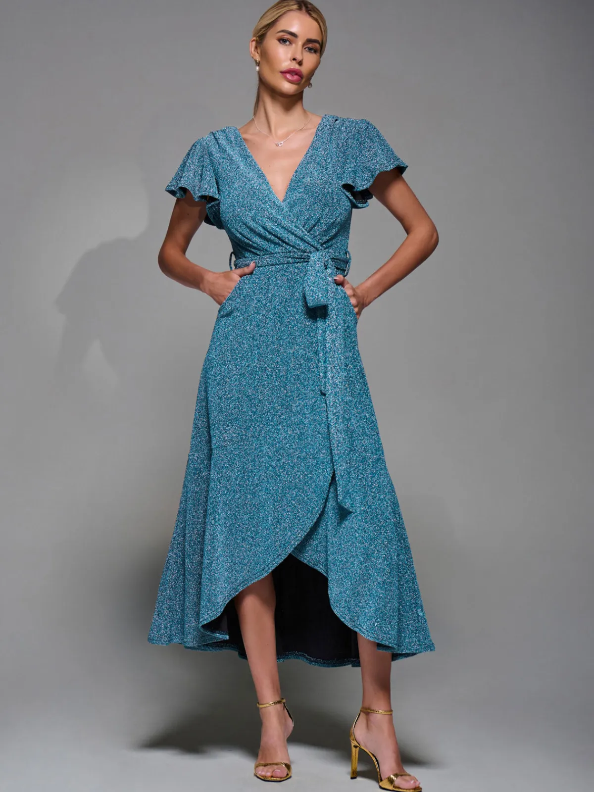 Jolie Moi Occasion Dresses|Party Dresses- Metalic Angel Sleeve Wrap Maxi Dress Blue / Silver