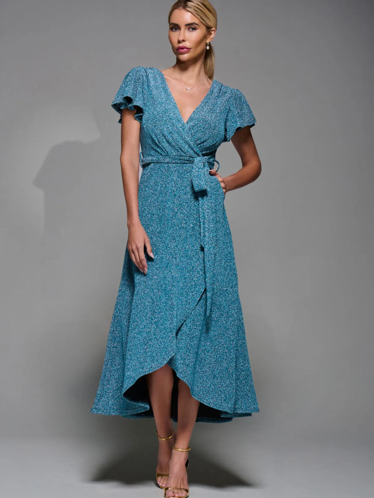 Jolie Moi Occasion Dresses|Party Dresses- Metalic Angel Sleeve Wrap Maxi Dress Blue / Silver