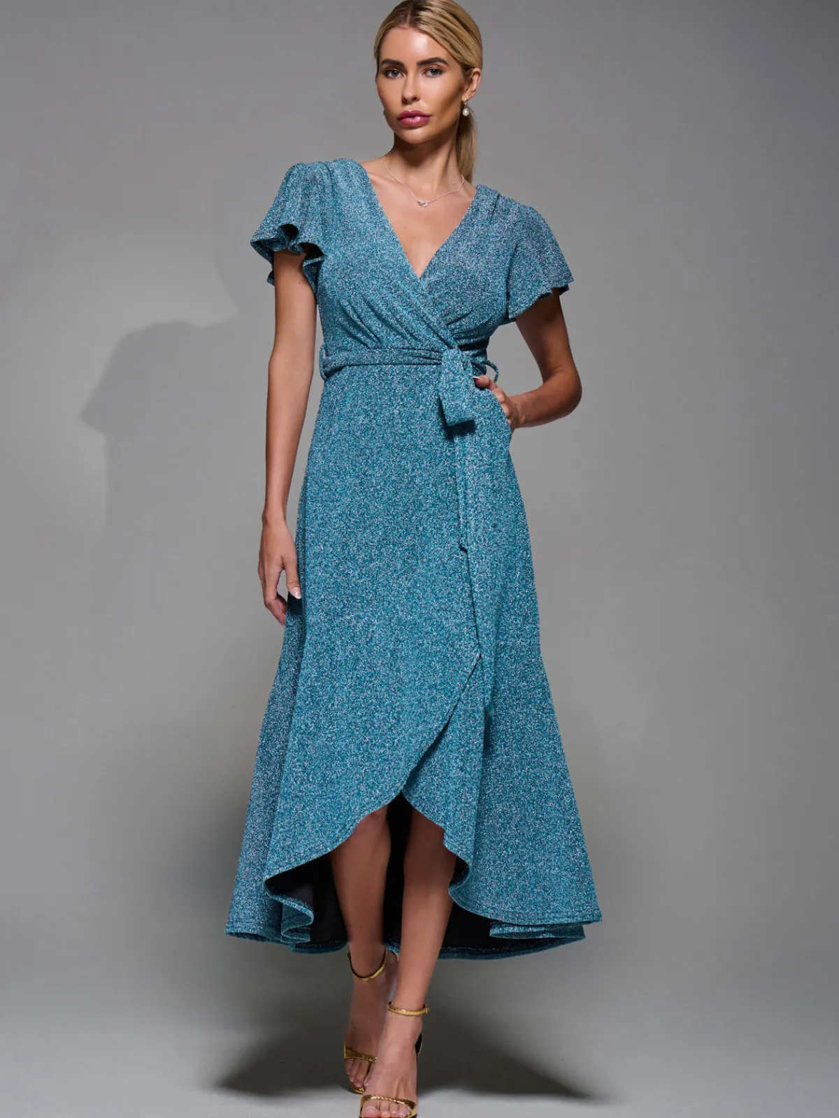 Jolie Moi Occasion Dresses|Party Dresses- Metalic Angel Sleeve Wrap Maxi Dress Blue / Silver