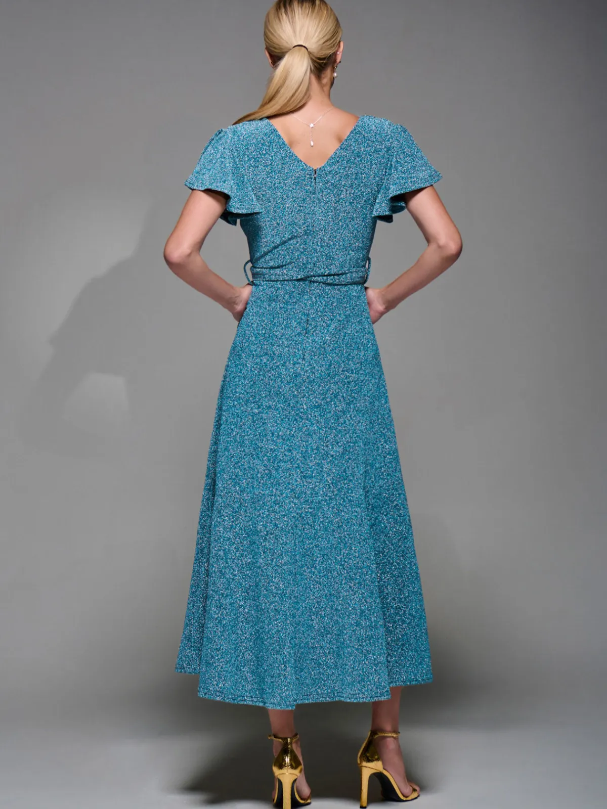 Jolie Moi Occasion Dresses|Party Dresses- Metalic Angel Sleeve Wrap Maxi Dress Blue / Silver