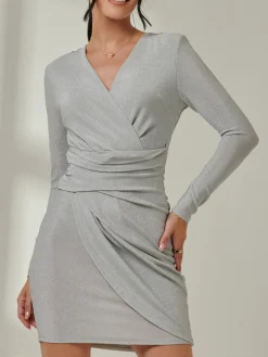 Jolie Moi Occasion Dresses|Party Dresses-Metallic Draped Knee Length Dress, Silver