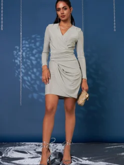 Jolie Moi Occasion Dresses|Party Dresses-Metallic Draped Knee Length Dress, Silver