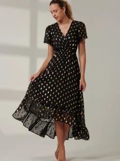 Jolie Moi Occasion Dresses|Wrap Dresses-Metallic Effect Angel Sleeve Maxi Dress, Black/Gold