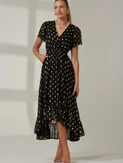 Jolie Moi Occasion Dresses|Wrap Dresses-Metallic Effect Angel Sleeve Maxi Dress, Black/Gold
