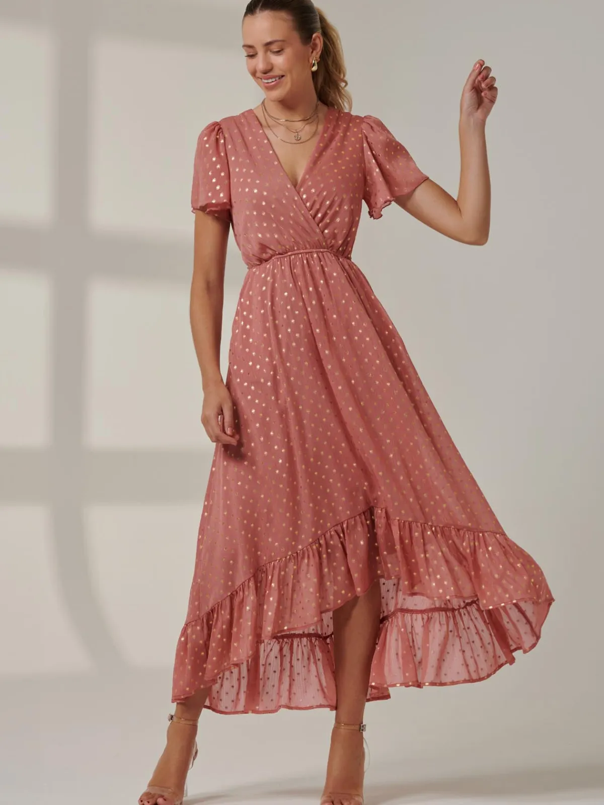 Jolie Moi Occasion Dresses|Wrap Dresses-Metallic Effect Angel Sleeve Maxi Dress, Coral/Gold