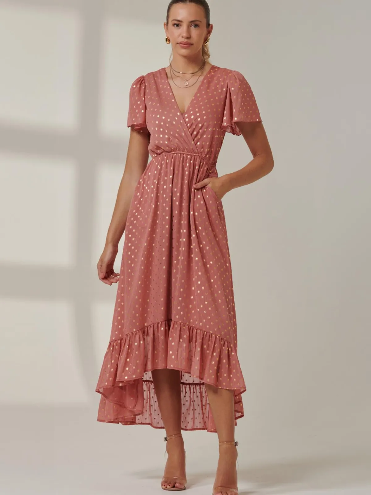 Jolie Moi Occasion Dresses|Wrap Dresses-Metallic Effect Angel Sleeve Maxi Dress, Coral/Gold