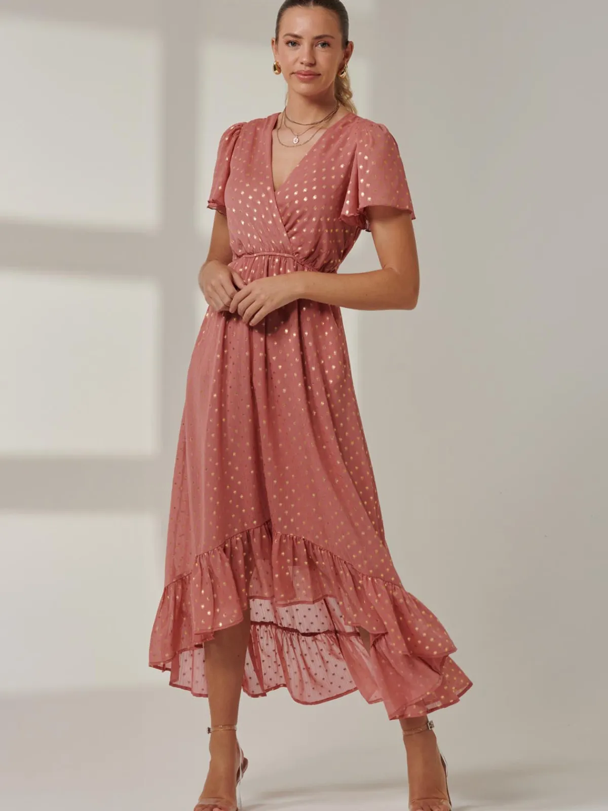 Jolie Moi Occasion Dresses|Wrap Dresses-Metallic Effect Angel Sleeve Maxi Dress, Coral/Gold