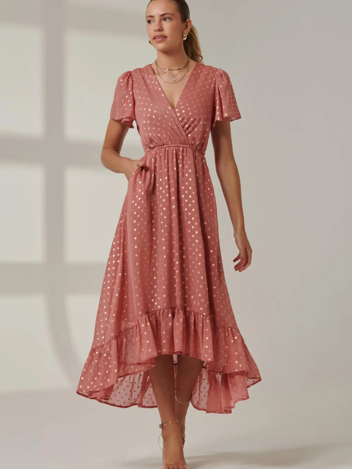 Jolie Moi Occasion Dresses|Wrap Dresses-Metallic Effect Angel Sleeve Maxi Dress, Coral/Gold