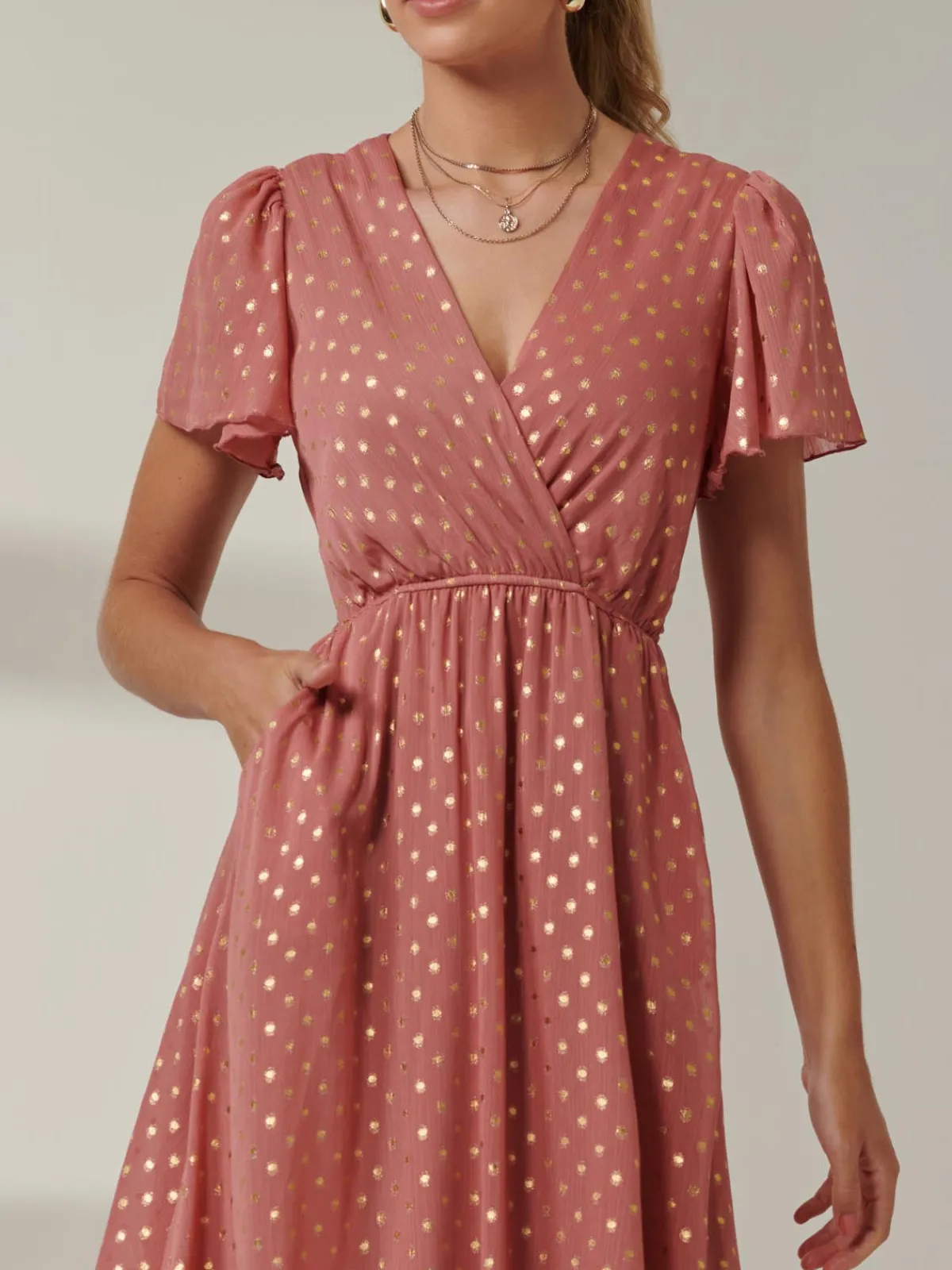 Jolie Moi Occasion Dresses|Wrap Dresses-Metallic Effect Angel Sleeve Maxi Dress, Coral/Gold