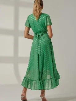 Jolie Moi Occasion Dresses|Wrap Dresses-Metallic Effect Angel Sleeve Maxi Dress, Green/Gold