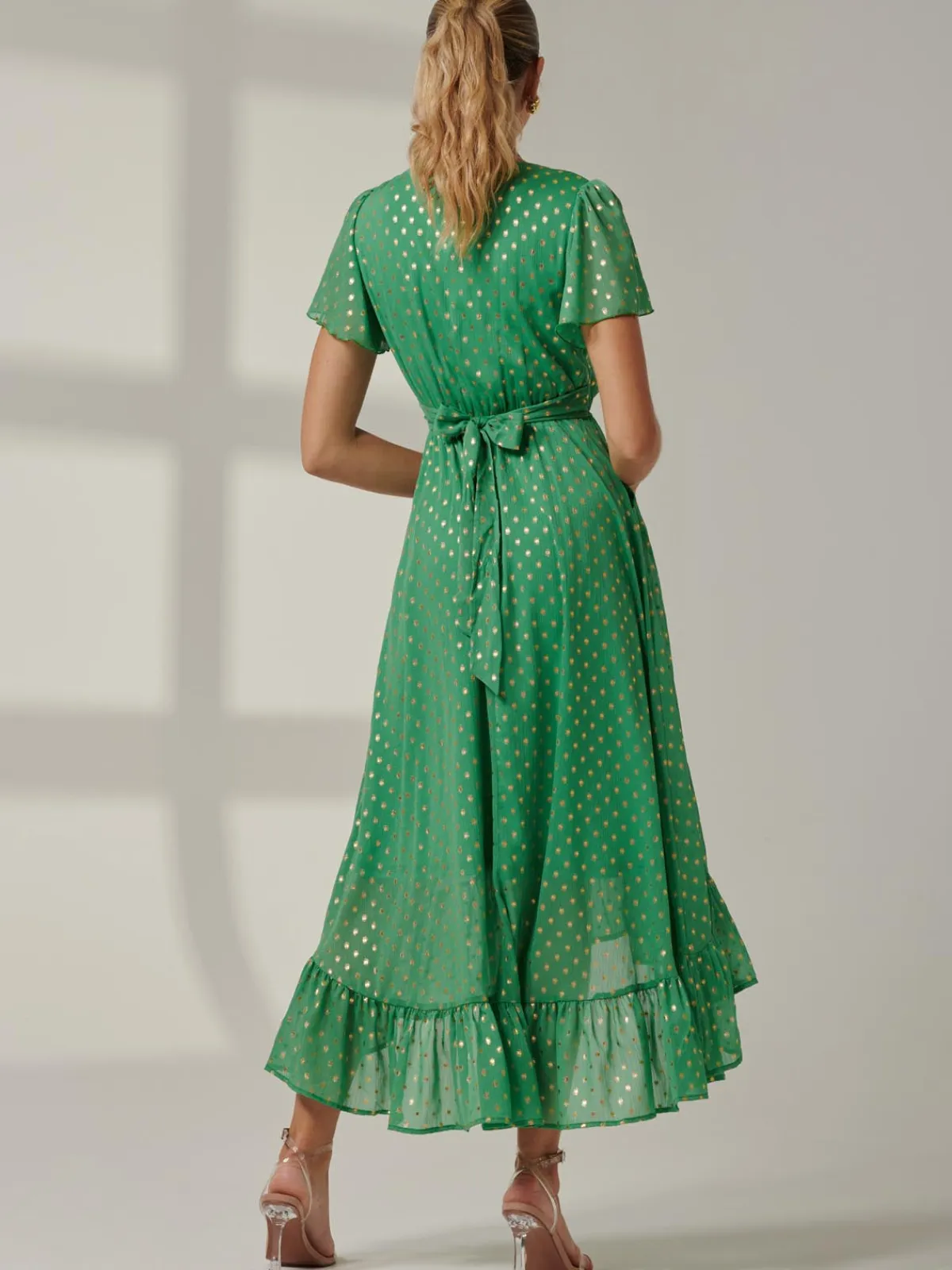 Jolie Moi Occasion Dresses|Wrap Dresses-Metallic Effect Angel Sleeve Maxi Dress, Green/Gold