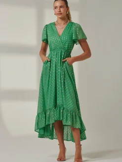 Jolie Moi Occasion Dresses|Wrap Dresses-Metallic Effect Angel Sleeve Maxi Dress, Green/Gold