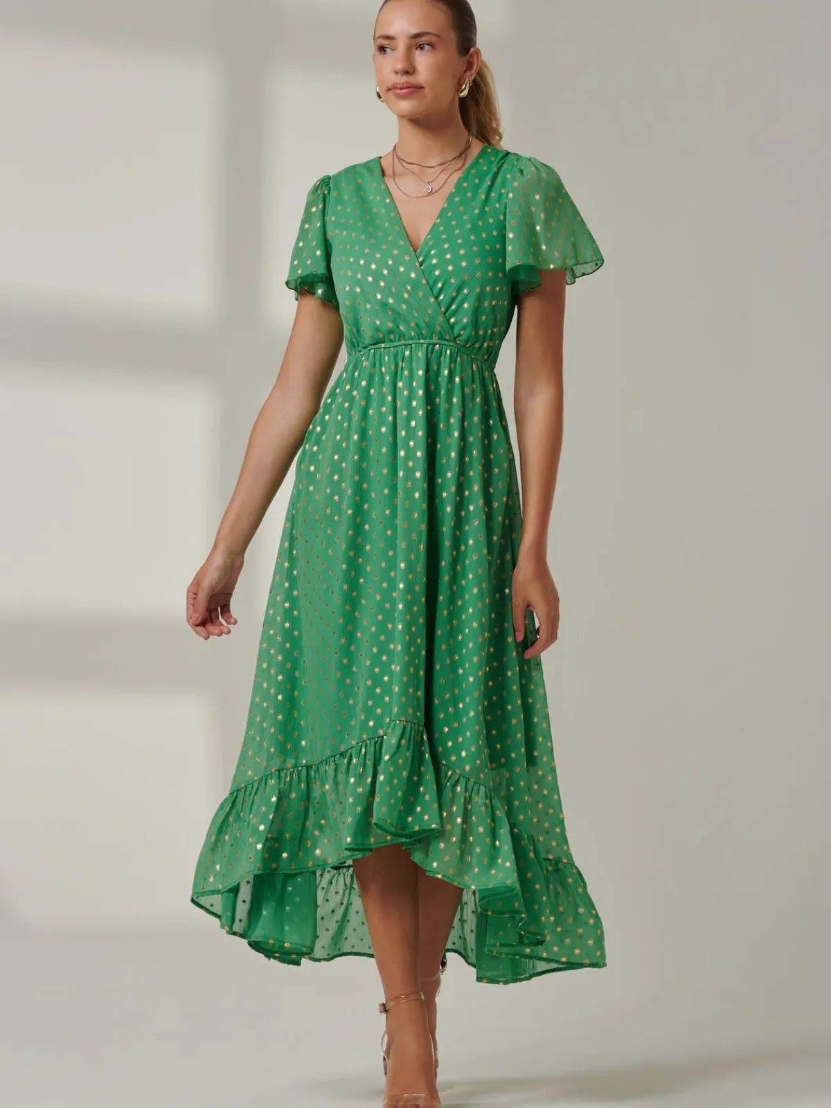 Jolie Moi Occasion Dresses|Wrap Dresses-Metallic Effect Angel Sleeve Maxi Dress, Green/Gold