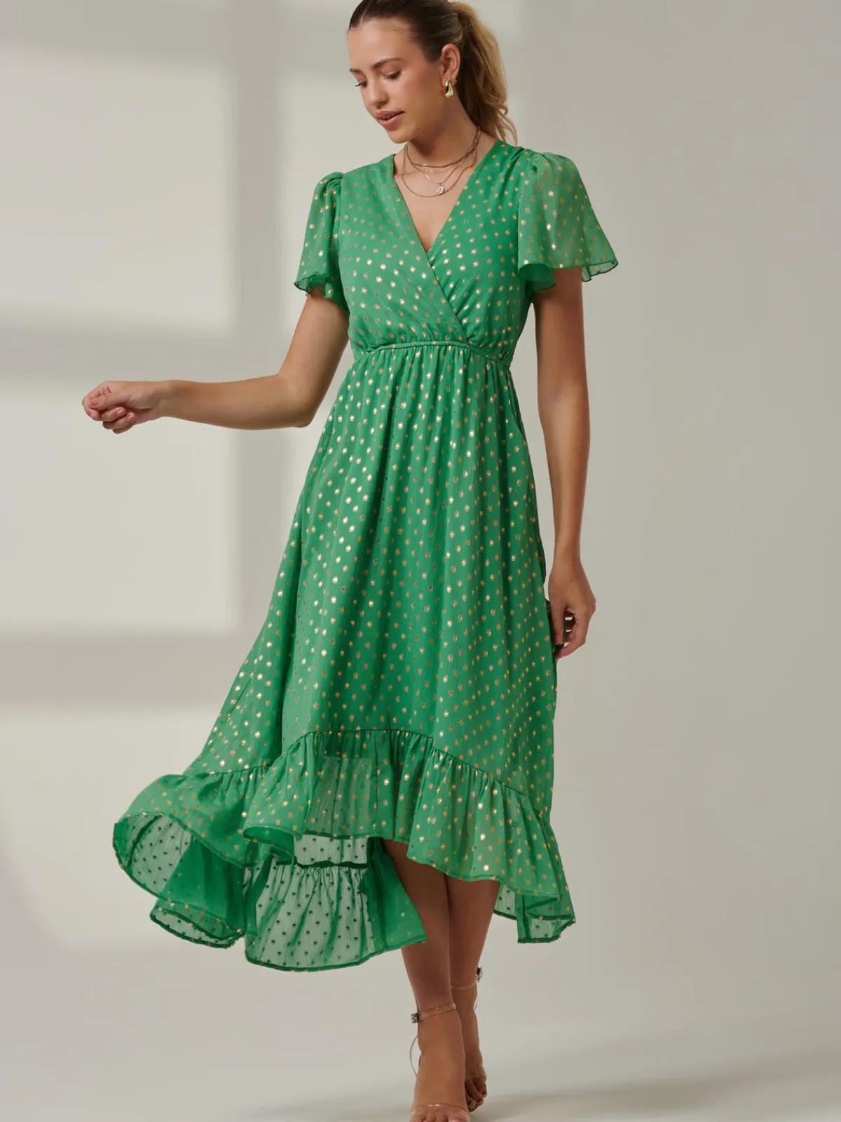 Jolie Moi Occasion Dresses|Wrap Dresses-Metallic Effect Angel Sleeve Maxi Dress, Green/Gold