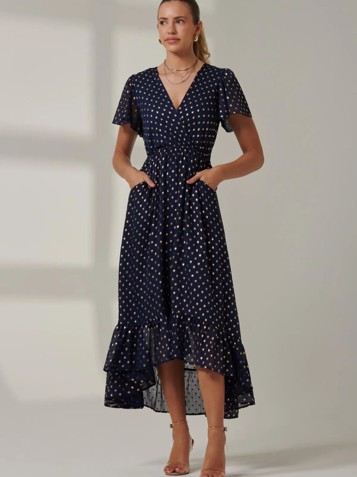 Jolie Moi Occasion Dresses|Wrap Dresses-Metallic Effect Angel Sleeve Maxi Dress, Navy/Gold