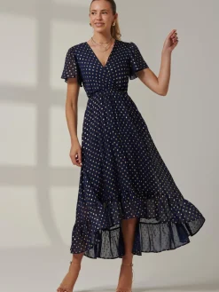 Jolie Moi Occasion Dresses|Wrap Dresses-Metallic Effect Angel Sleeve Maxi Dress, Navy/Gold