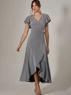 Jolie Moi Occasion Dresses|Wrap Dresses-Metallic Effect Ruffle Hem Maxi Dress, Silver