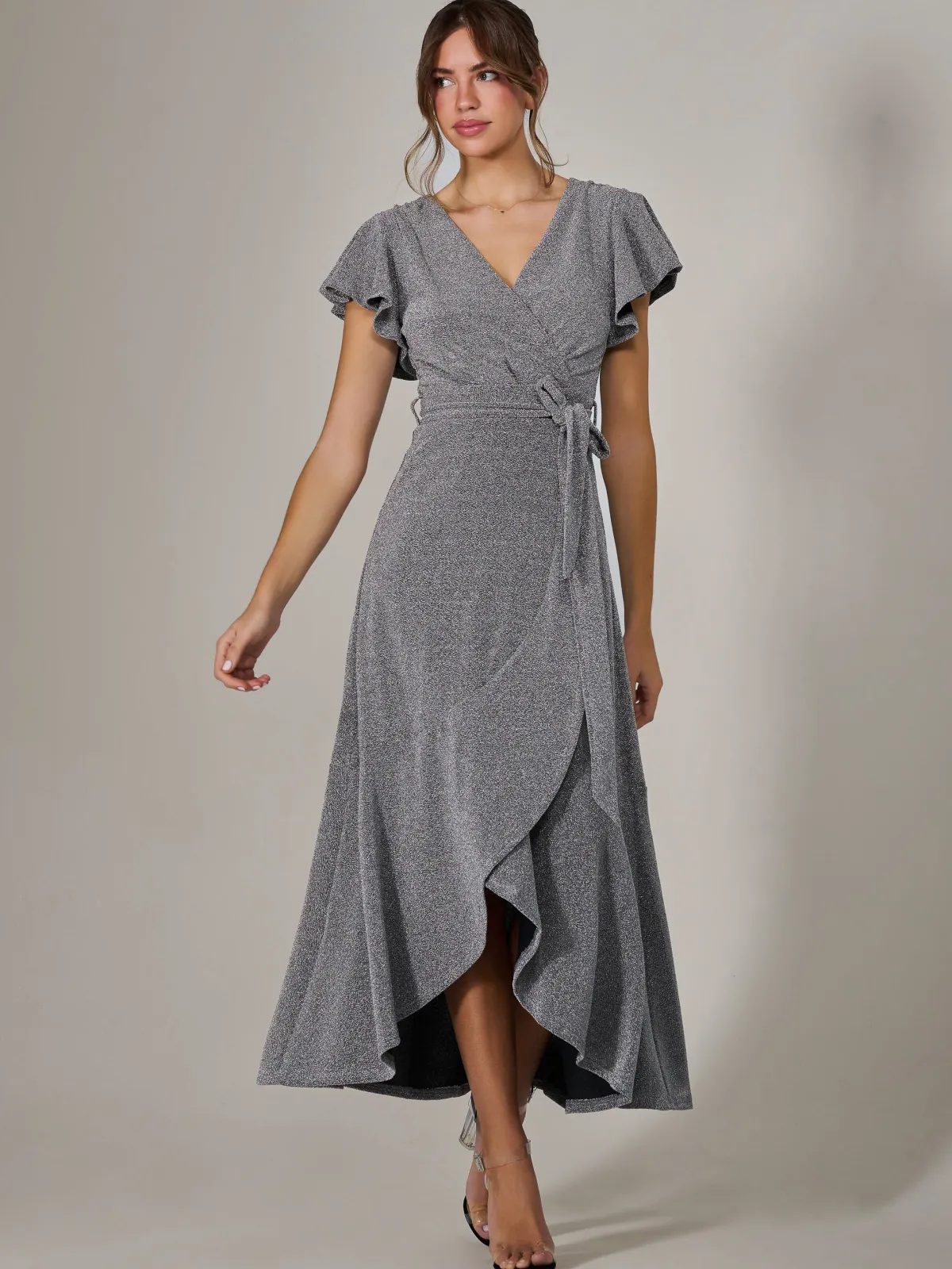 Jolie Moi Occasion Dresses|Wrap Dresses-Metallic Effect Ruffle Hem Maxi Dress, Silver