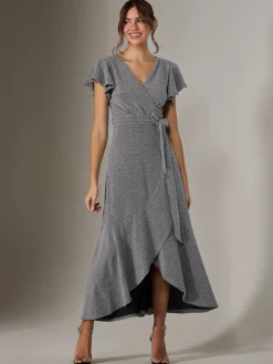 Jolie Moi Occasion Dresses|Wrap Dresses-Metallic Effect Ruffle Hem Maxi Dress, Silver