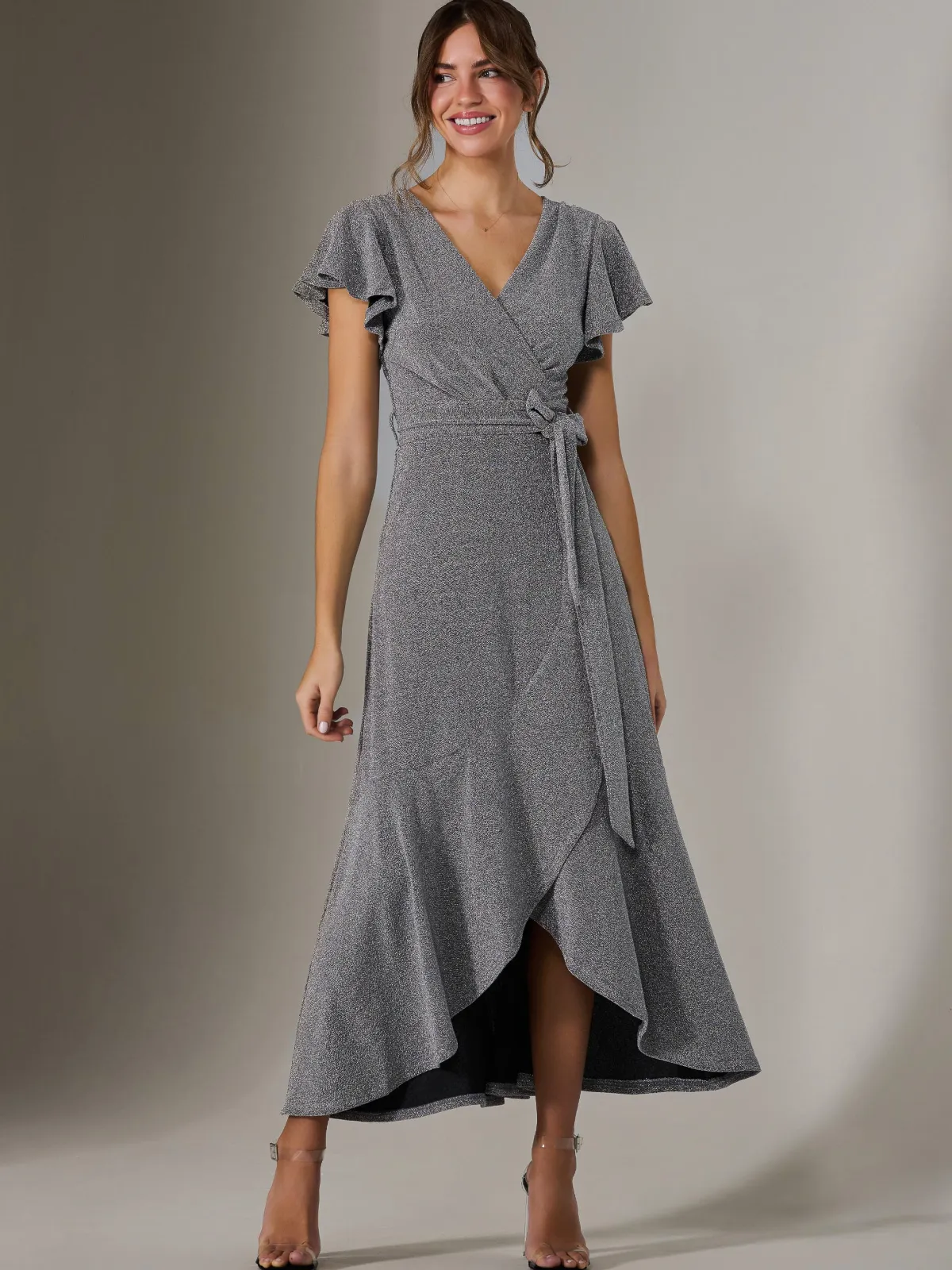Jolie Moi Occasion Dresses|Wrap Dresses-Metallic Effect Ruffle Hem Maxi Dress, Silver