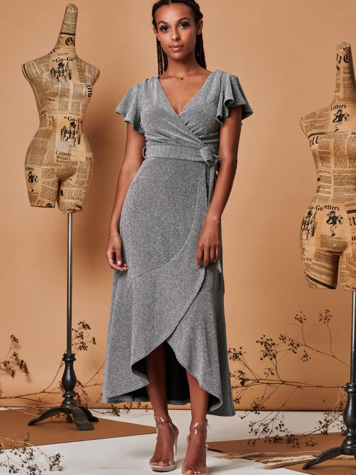Jolie Moi Occasion Dresses|Wrap Dresses-Metallic Effect Ruffle Hem Maxi Dress, Silver