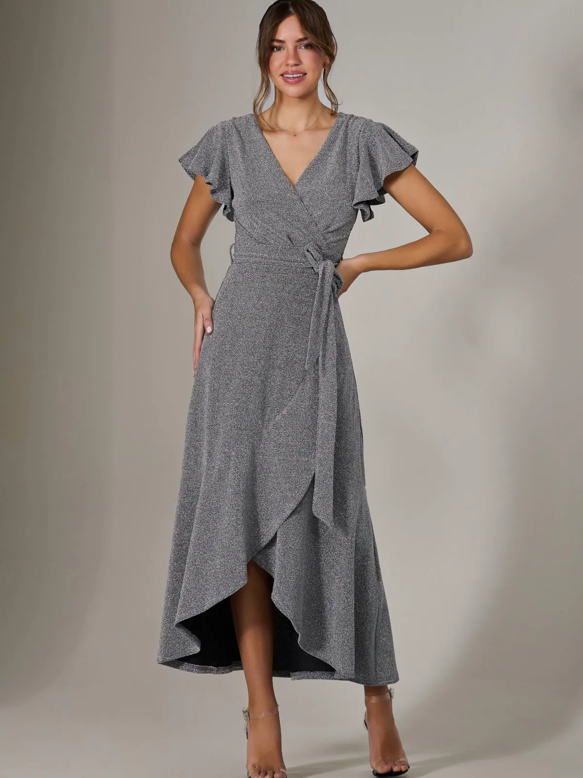 Jolie Moi Occasion Dresses|Wrap Dresses-Metallic Effect Ruffle Hem Maxi Dress, Silver