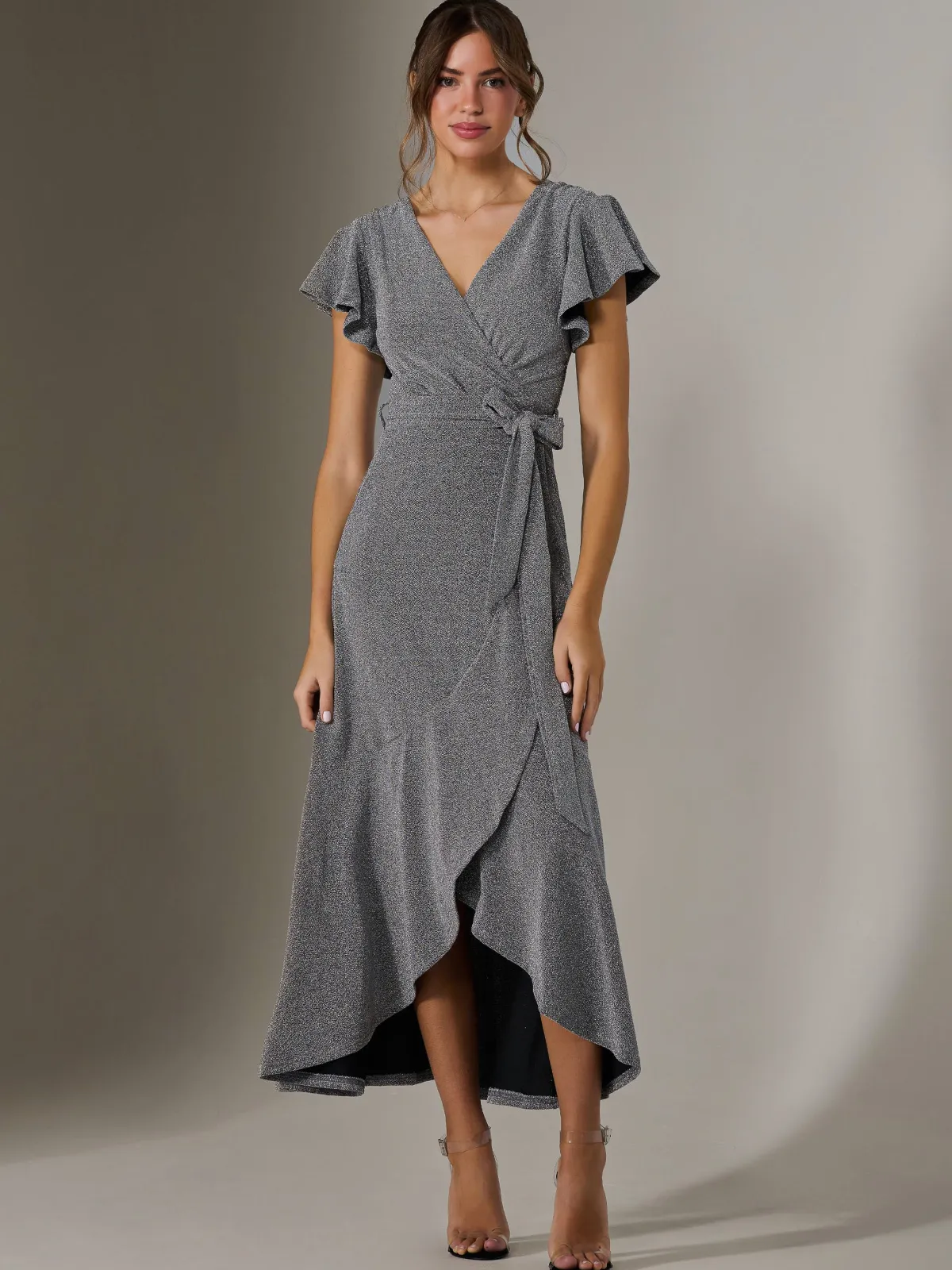 Jolie Moi Occasion Dresses|Wrap Dresses-Metallic Effect Ruffle Hem Maxi Dress, Silver