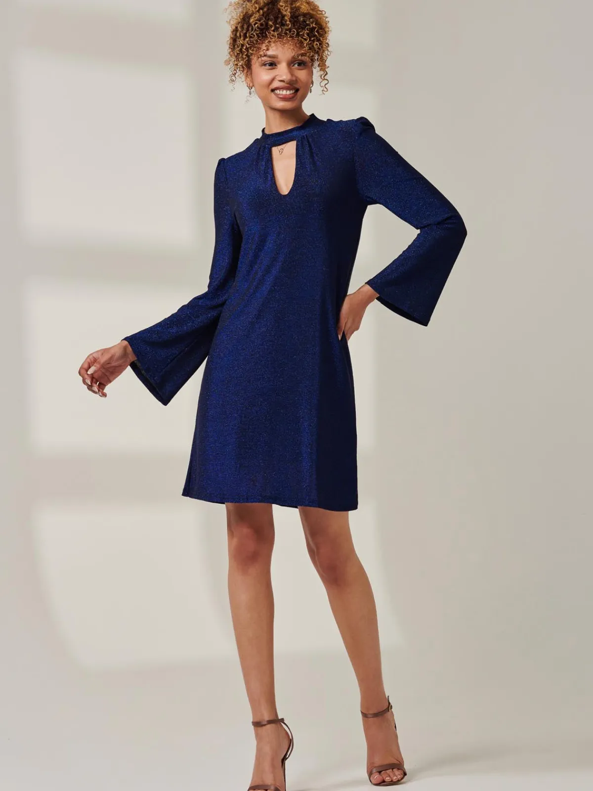 Jolie Moi Occasion Dresses|Party Dresses-Metallic Keyhole Detail Tunic Dress, Royal Blue