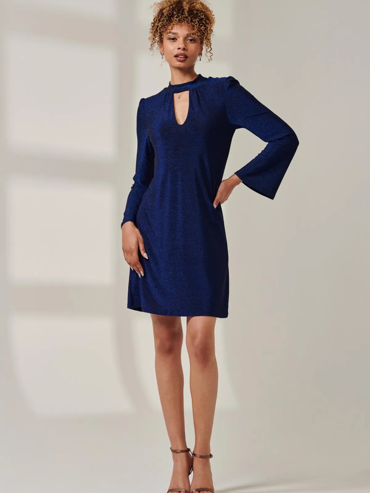 Jolie Moi Occasion Dresses|Party Dresses-Metallic Keyhole Detail Tunic Dress, Royal Blue