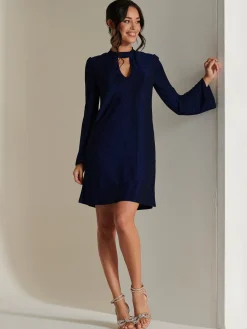 Jolie Moi Occasion Dresses|Party Dresses-Metallic Keyhole Detail Tunic Dress, Royal Blue