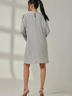 Jolie Moi Occasion Dresses|Long Sleeved Dresses-Metallic Keyhole Detail Tunic Dress, Silver