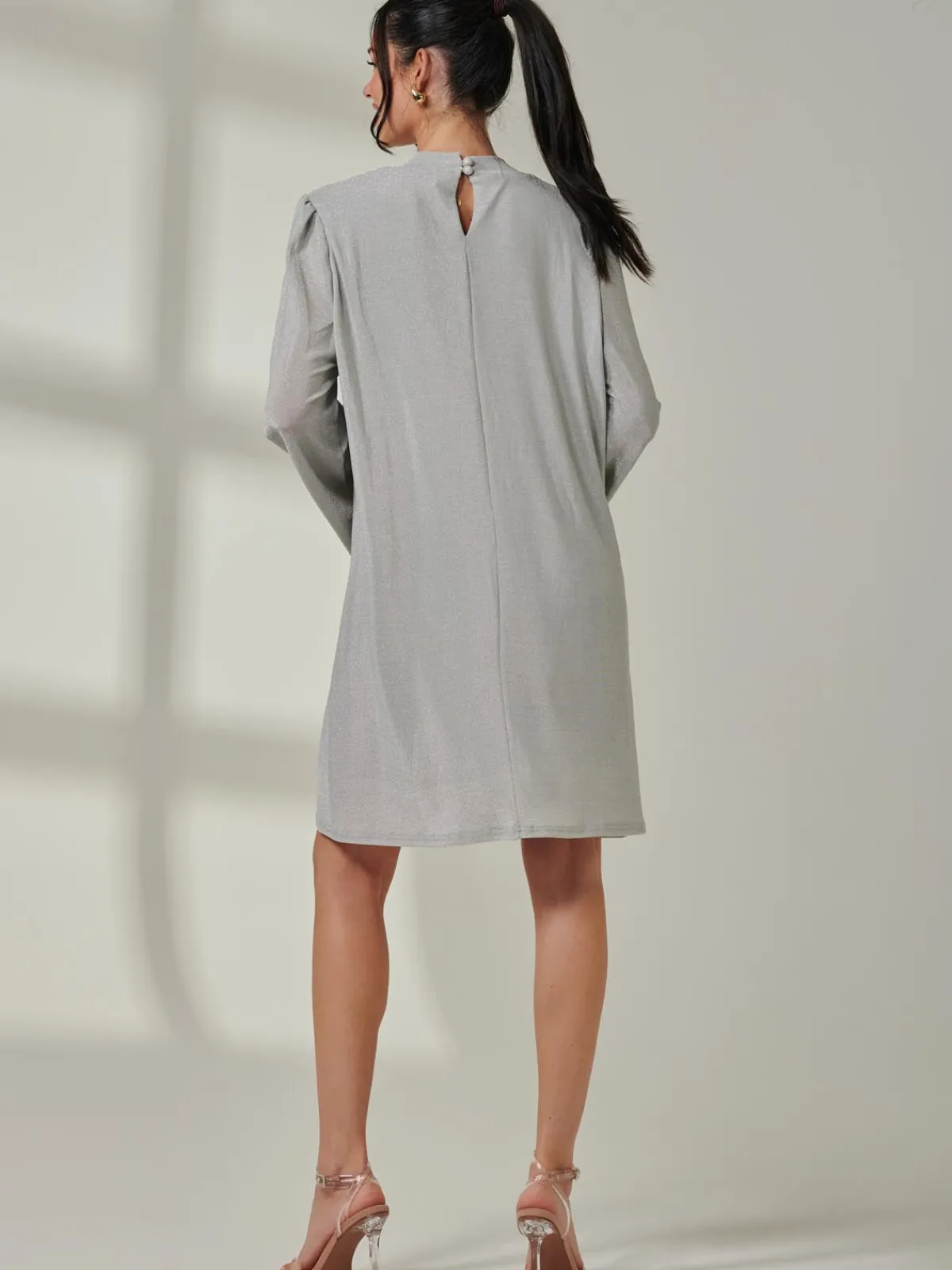 Jolie Moi Occasion Dresses|Long Sleeved Dresses-Metallic Keyhole Detail Tunic Dress, Silver