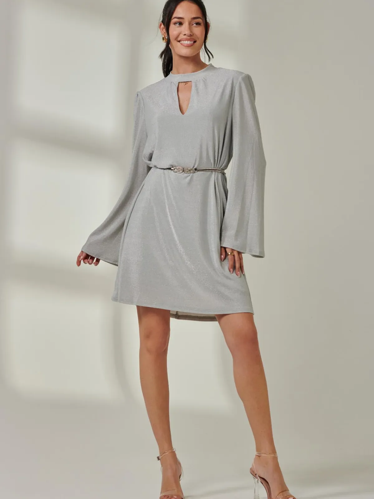 Jolie Moi Occasion Dresses|Long Sleeved Dresses-Metallic Keyhole Detail Tunic Dress, Silver