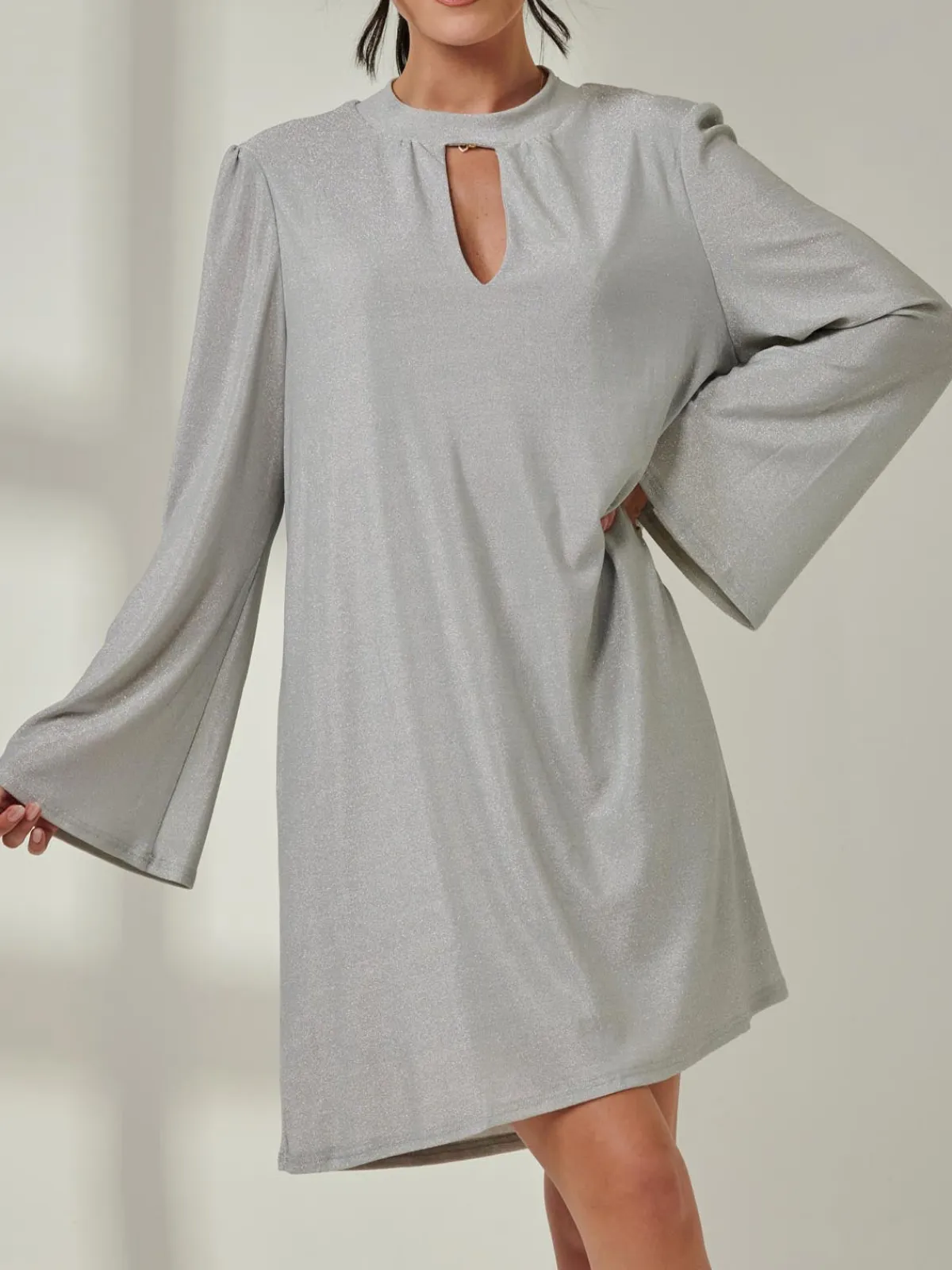 Jolie Moi Occasion Dresses|Long Sleeved Dresses-Metallic Keyhole Detail Tunic Dress, Silver